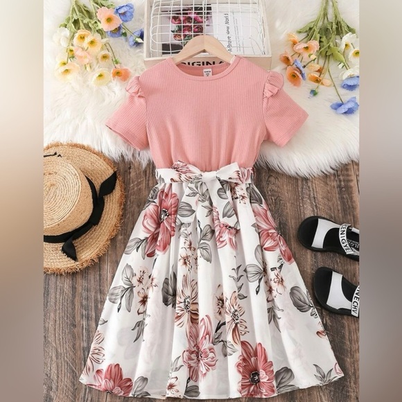 Girls Floral Print Hem Ruffle Trim Dress - Picture 1 of 6